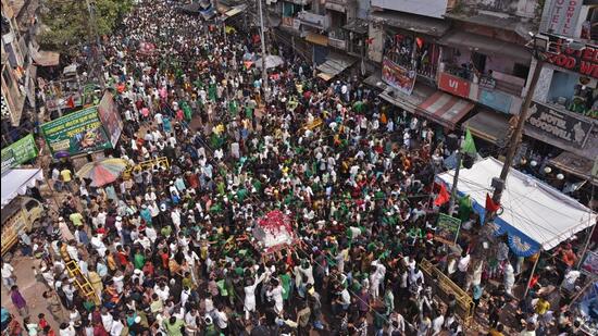 Shiite Muslims carry a 'Tazia', or a replica of the coffin of Imam Hussain during the procession on the tenth day of Muharram, which marks the day of Ashura, in Prayagraj on Wednesday. (ANI/REPRESENTATIVE IMAGE)