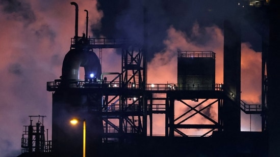Tata Steel's Port Talbot steel production plant is seen at night time, ahead of its planned transition from blast furnace to electric arc furnaces. (Toby Melville/Reuters)