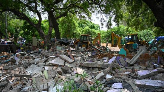 The demolition drive at Khyber Pass on July 13. (Sanchit Khanna/HT Photo)