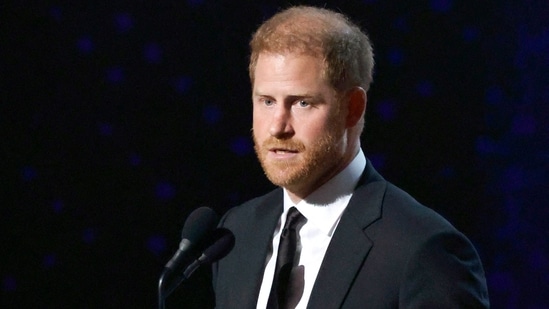 HOLLYWOOD, CALIFORNIA - JULY 11: Prince Harry, Duke of Sussex accepts the Pat Tillman Award onstage during the 2024 ESPY Awards at Dolby Theatre on July 11, 2024 in Hollywood, California. (Getty Images via AFP)