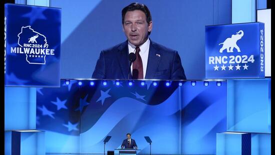 Gov. Ron DeSantis, R-Fla., speaking on the second day of the Republican National Convention on Tuesday. (AP) Gov. Ron DeSantis, R-Fla., speaking on the second day of the Republican National Convention on Tuesday. (AP)