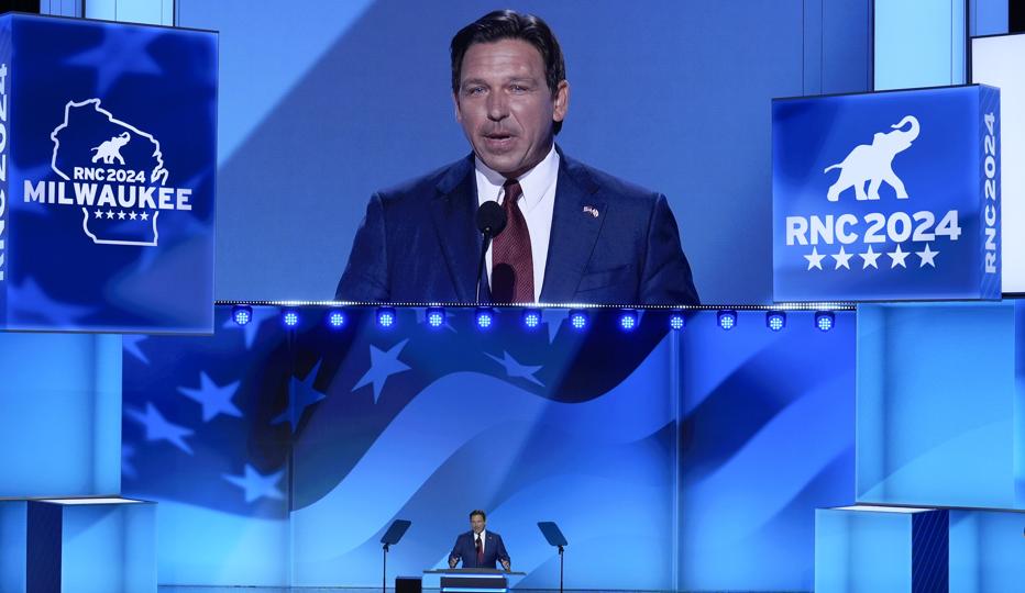 Gov. Ron DeSantis, R-Fla., speaking on the second day of the Republican National Convention on Tuesday. (AP) Gov. Ron DeSantis, R-Fla., speaking on the second day of the Republican National Convention on Tuesday. (AP)