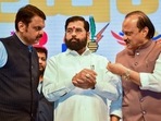 Maharashtra Chief Minister Eknath Shinde with state deputy chief ministers Devendra Fadnavis and Ajit Pawar in Mumbai. Maharashtra Chief Minister Eknath Shinde with state deputy chief ministers Devendra Fadnavis and Ajit Pawar in Mumbai.