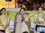 Newly-married Radhika Merchant speaks during her and Anant Ambani's Mangal Utsav function organised for the Reliance employees and media in Mumbai on July 15, (PTI)