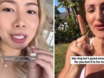The split image shows the fitness influencer and the woman who tried shaming her for her engagement ring. The split image shows the fitness influencer and the woman who tried shaming her for her engagement ring.