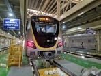 Bengaluru Namma Metro's Yellow Line train at a station during the testing phase. Bengaluru Namma Metro's Yellow Line train at a station during the testing phase.