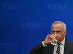 Salil Parekh, CEO and Managing Director of Infosys, drinks water while addressing a press conference held to announce the company's first quarter results in Bengaluru.(AFP) Salil Parekh, CEO and Managing Director of Infosys, drinks water while addressing a press conference held to announce the company's first quarter results in Bengaluru.(AFP)