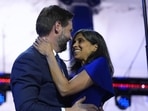 Republican vice-presidential candidate Sen JD Vance, R-Ohio, hugs his wife Usha Chilukuri Vance after speaking on third day of the Republican National Convention at the Fiserv Forum, in Milwaukee, on Wednesday. (AP) Republican vice-presidential candidate Sen JD Vance, R-Ohio, hugs his wife Usha Chilukuri Vance after speaking on third day of the Republican National Convention at the Fiserv Forum, in Milwaukee, on Wednesday. (AP)