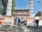 Stairs of Banganga Tank damage due to JCB, at Walkeshwar. (Hindustan Times) Stairs of Banganga Tank damage due to JCB, at Walkeshwar. (Hindustan Times)