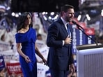US Senator from Ohio and 2024 Republican vice presidential candidate J.D. Vance (R) gestures after speaking alongside his wife Usha Vance during the third day of the 2024 Republican National Convention at the Fiserv Forum in Milwaukee, Wisconsin, on July 17, 2024. 