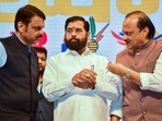 Maharashtra chief minister Eknath Shinde with his deputies Devendra Fadnavis and Ajit Pawar in Mumbai.
