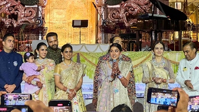 Newly-married Radhika Merchant speaks during her and Anant Ambani's Mangal Utsav function organised for the Reliance employees and media in Mumbai on July 15, (PTI) Newly-married Radhika Merchant speaks during her and Anant Ambani's Mangal Utsav function organised for the Reliance employees and media in Mumbai on July 15, (PTI)