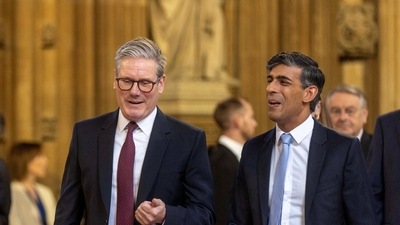 Britain's Prime Minister Keir Starmer and former Prime Minister Rishi Sunak attend the State Opening of Parliament at the Palace of Westminster in London, Britain, July 17, 2024. (Reuters)