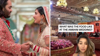 The image shows US influencer and jewellery expert Julia Chafe reviewing the food at the Ambani wedding. (Instagram/@juliachafe) The image shows US influencer and jewellery expert Julia Chafe reviewing the food at the Ambani wedding. (Instagram/@juliachafe)