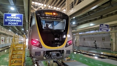 Bengaluru Namma Metro's Yellow Line train at a station during the testing phase. Bengaluru Namma Metro's Yellow Line train at a station during the testing phase.