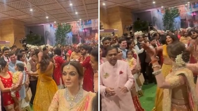Nita Ambani dancing during son Anant's baraat. (Instagram/@artist_rachna_sharma) Nita Ambani dancing during son Anant's baraat. (Instagram/@artist_rachna_sharma)
