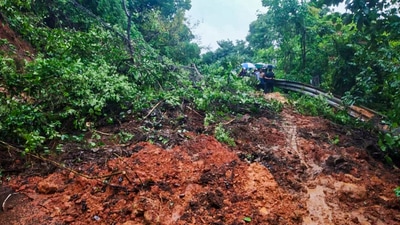 A landslide occurred at Anmod Ghat in Goa, disrupting vehicular traffic movement to neighbouring Karnataka. (PTI) A landslide occurred at Anmod Ghat in Goa, disrupting vehicular traffic movement to neighbouring Karnataka. (PTI)