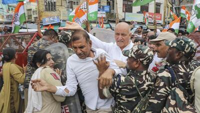 Police stop Congress workers during a protest rally against terrorism, in Jammu. (PTI) Police stop Congress workers during a protest rally against terrorism, in Jammu. (PTI)