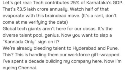 A start-up founder took to Grapevine to express concerns that the introduction of a "Kannada only" policy could signal the end of Bengaluru's dominance as a tech hub. (X)