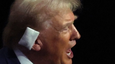 Republican presidential nominee and former US President Donald Trump reacts on Day 3 of the Republican National Convention (RNC), at the Fiserv Forum in Milwaukee, Wisconsin, US. (Reuters)