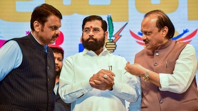 Maharashtra chief minister Eknath Shinde with his deputies Devendra Fadnavis and Ajit Pawar in Mumbai. (ANI) Maharashtra chief minister Eknath Shinde with his deputies Devendra Fadnavis and Ajit Pawar in Mumbai. (ANI)