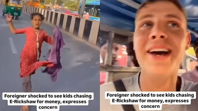 Snapshot of the girl running behind the tourist and asking for money. Snapshot of the girl running behind the tourist and asking for money.