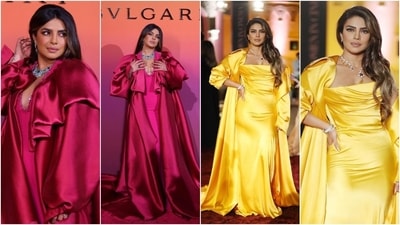 Monochromatic fashion done right. Here, Priyanka is seen wearing similar looking gowns and statement-making floor-length jackets in vibrant fuchsia pink and yellow shades. She styled both ensembles with precious necklace and diamond bracelets. (Instagram) Monochromatic fashion done right. Here, Priyanka is seen wearing similar looking gowns and statement-making floor-length jackets in vibrant fuchsia pink and yellow shades. She styled both ensembles with precious necklace and diamond bracelets. (Instagram)