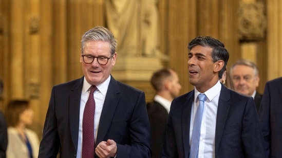 Britain's Prime Minister Keir Starmer and former Prime Minister Rishi Sunak attend the State Opening of Parliament at the Palace of Westminster in London, Britain, July 17, 2024.(Reuters)