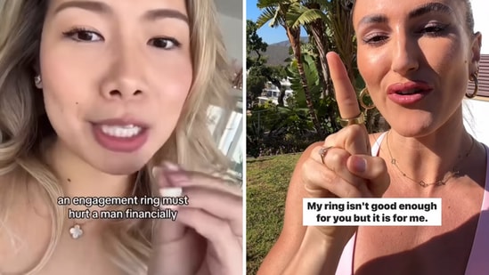 The split image shows the fitness influencer and the woman who tried shaming her for her engagement ring. (Instagram/@hayleymadiganfitness)