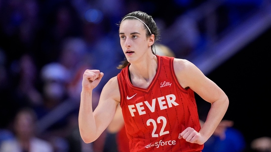 Indiana Fever's Caitlin Clark celebrates in the second half of a WNBA basketball game against the Dallas Wings, Wednesday, July 17, 2024, in Arlington, Texas.(AP / Tony Gutierrez)