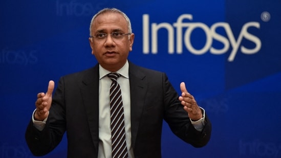 Infosys Q1 results: Infosys CEO and Managing Director Salil Parekh speaks during the press conference.(Reuters)