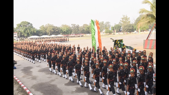 Patna, June 04 (ANI): The 3rd batch of Agniveer soldiers march during the passing out parade at Gaur Drill Ground, BRC, Danapur in Patna on Tuesday. (ANI Photo) (Pappi Sharma)