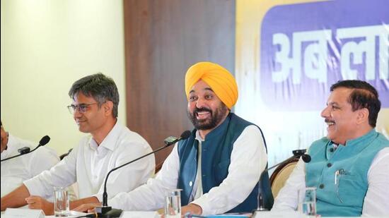 Punjab chief minister Bhagwant Mann flanked by AAP leaders Sandeep Pathak (left) and Sanjay Singh at a press conference in Chandigarh on Thursday. (PTI Photo)