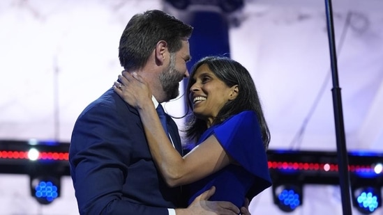 Republican vice-presidential candidate Sen JD Vance, R-Ohio, hugs his wife Usha Chilukuri Vance after speaking on third day of the Republican National Convention at the Fiserv Forum, in Milwaukee, on Wednesday. (AP)