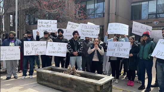 Students from India protesting curbs on pathways to permanent resident status this May in the province of Prince Edward Island, Canada. (Credit: Montreal Youth Student Organisation)