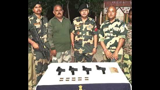 The Border Security Force (BSF) on Thursday seized four China-made pistols and 50 bullets close to the international border near Kalsian village of Tarn Taran district on Thursday. (HT File)