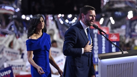 US Senator from Ohio and 2024 Republican vice presidential candidate J.D. Vance (R) gestures after speaking alongside his wife Usha Vance during the third day of the 2024 Republican National Convention at the Fiserv Forum in Milwaukee, Wisconsin, on July 17, 2024. (AFP)