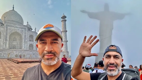 Guinness World Record holder Magdy Eissa at the Taj Mahal in India and Christ the Redeemer in Brazil. (GWR)