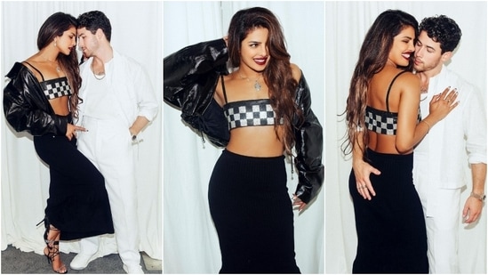 When the Jonas Brothers were on tour, Priyanka aced the concert-fashion look. However, this black-and-silver look is our favourite. She wore a sequinned check-print tiny bralette, maxi skirt, and a black leather bomber jacket.&nbsp;(Instagram)