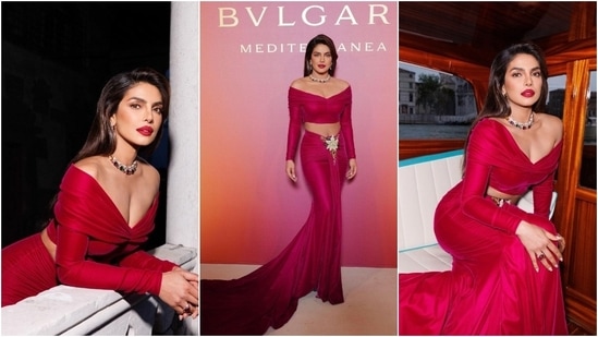 Priyanka travelled to Venice for a Bulgari event and paired the opulent jewels with a fiery red off-shoulder blouse and a draped skirt. Striking red lips, minimal glam, and side-parted loose tresses completed the styling.&nbsp;(Instagram)