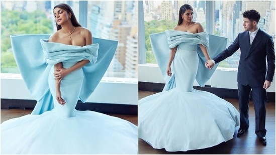 Priyanka turned into a modern-day Princess in this ice-blue gown featuring an off-shoulder draped neckline, a massive bow on the back, and a mermaid-style hem.&nbsp;(Instagram)