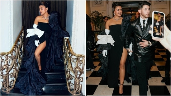 The Bollywood megastar chose a black strapless Maison Valentino gown, a complementing cape adorned with white bows, and white Opera gloves. She paired the ensemble with Bulgari jewels, a twisted bun, brown lips, and minimal glam.&nbsp;(Instagram)