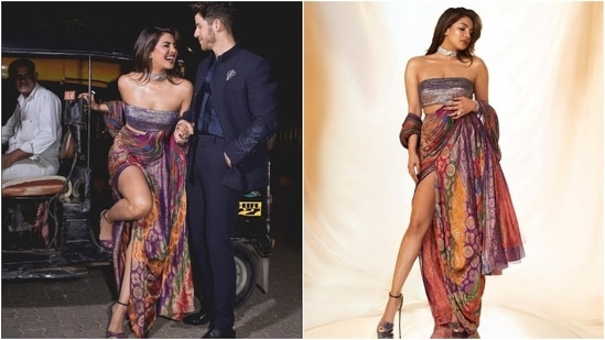 In this ensemble, Priyanka Chopra showed one can never go wrong with sustainable fashion practices. The actor attended a star-studded gala at NMACC with Nick Jonas and wore an upcycled vintage saree created using a 65 year old vintage Banarasi patola. The brocade saree features silver threads and a gold electroplating on khadi silk. She wore it with a holographic sequinned bustier.&nbsp;(Instagram)