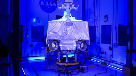 NASA’s VIPER – short for the Volatiles Investigating Polar Exploration Rover – sits assembled inside the cleanroom at the agency’s Johnson Space Center.(NASA)