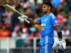 Suryakumar Yadav celebrates a ton.