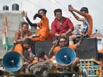 Kanwariyas arriving from Haridwar during the Kanwar Yatra, at NH 58 Meerut road, in Ghaziabad, India, onJuly 29, 2019. (HT File)