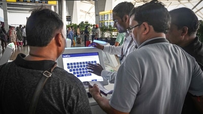 Passengers seen waiting after a major disruption in Microsoft Corp.'s cloud services caused widespread flight cancellations and delays at T3 IGI Airport in New Delhi, India, on Friday. (Vipin Kumar/ Hindustan Times) Passengers seen waiting after a major disruption in Microsoft Corp.'s cloud services caused widespread flight cancellations and delays at T3 IGI Airport in New Delhi, India, on Friday. (Vipin Kumar/ Hindustan Times)