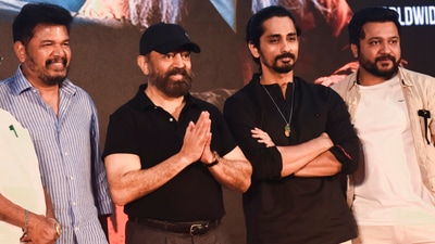 Shankar, Kamal Haasan, Siddharth and Bobby Simha at an event for Indian 2. (PTI) Shankar, Kamal Haasan, Siddharth and Bobby Simha at an event for Indian 2. (PTI)