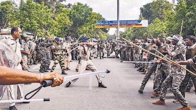 Police charge contractual assistant police personnel who had gheraoed Jharkhand CM Hemant Soren's official residence in Ranchi. (PTI) Police charge contractual assistant police personnel who had gheraoed Jharkhand CM Hemant Soren's official residence in Ranchi. (PTI)