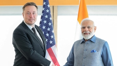Prime Minister Narendra Modi shakes hand with Tesla chief executive Elon Musk during their meeting in New York City, New York, U.S., June 20, 2023. (via REUTERS)